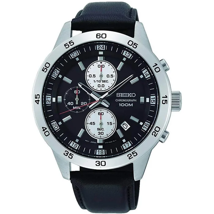Seiko Men’s Chronograph Watch – Black Dial Leather Strap | SKS649P1