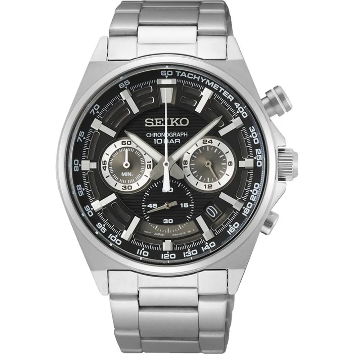 Seiko Men’s Chronograph Watch – Core Quartz Black Dial Silver Bracelet | SSB397P1