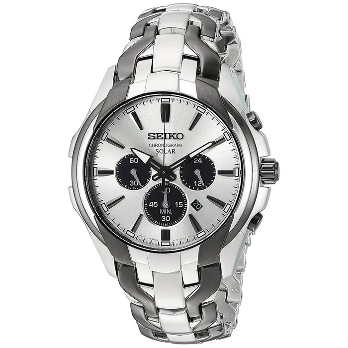 Seiko Men’s Chronograph Watch – Core Solar Silver Tone & Black Dial Bracelet | SSC635
