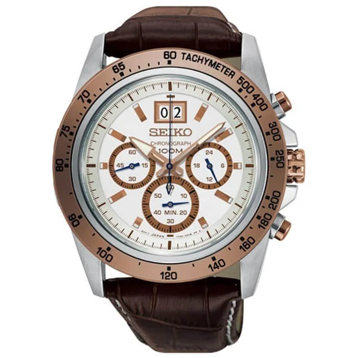 Seiko Men’s Chronograph Watch – Lord White and Rose Gold Dial Leather Strap | SPC246P1