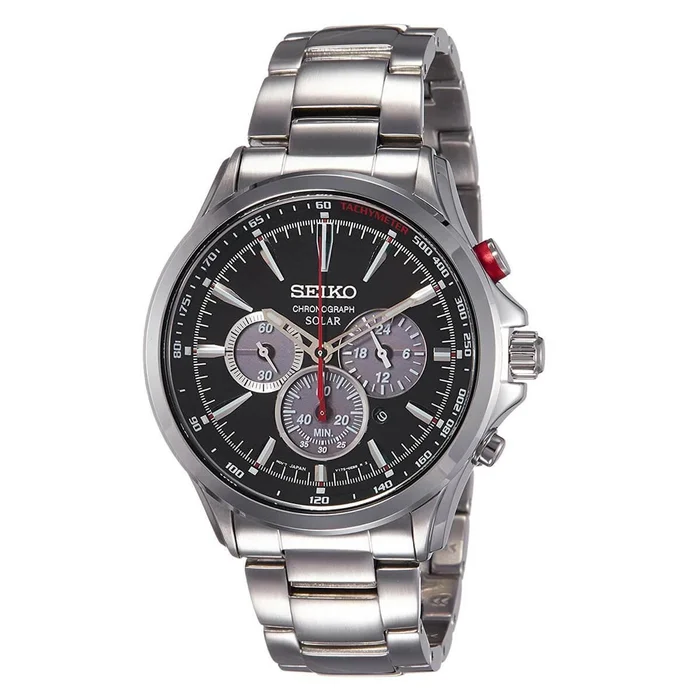 Seiko Men’s Chronograph Watch – Solar Black & Grey Dial Steel Bracelet | SSC493P1