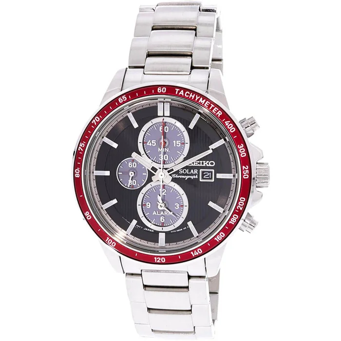 Seiko Men’s Chronograph Watch – Solar Black Dial Stainless Steel Bracelet | SSC433