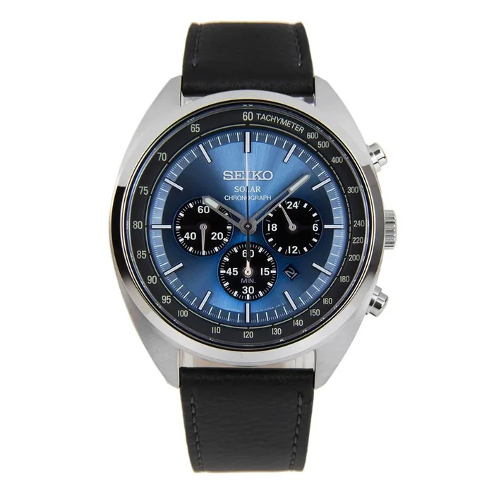 Seiko Men’s Chronograph Watch – Solar Blue & Black Dial Leather Strap | SSC625P1
