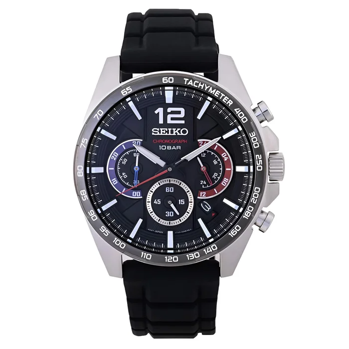 Seiko Men’s Watch – Chronograph Silver Tone Case Black Silicone Strap | SSB347P1