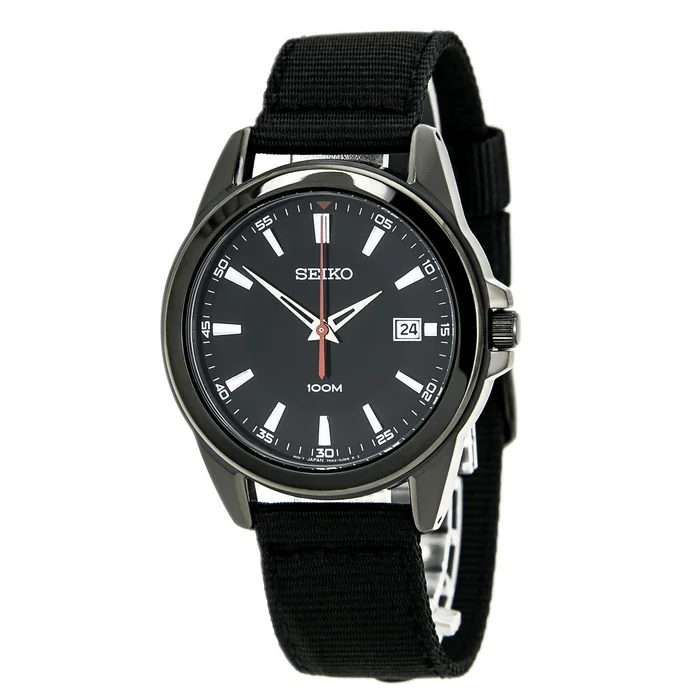 Seiko SGEG91 Mens Black Dial Black IP Steel Black Nylon Strap Watch
