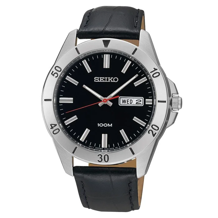 Seiko SGGA75P2 Men’s Black Dial Black Leather Strap Stainless Steel Watch