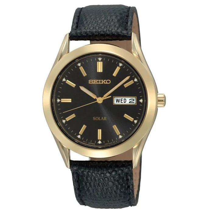 Seiko SNE054 Men’s Solar Dress Black Dial Black Leather Strap Gold Tone Steel Watch