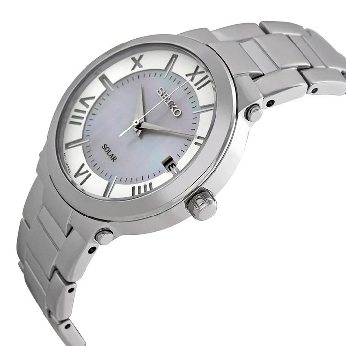 Seiko SNE885 Women’s Recraft Solar MOP Dial Steel Bracelet Power Reserve Watch