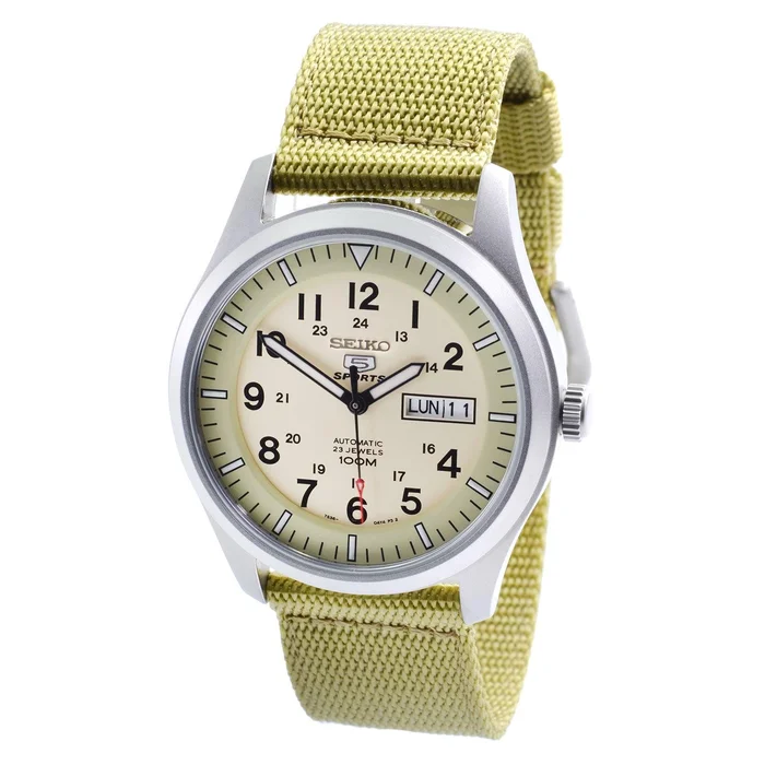 Seiko SNZG07K1 Men’s 5 Sport Beige Dial Khaki Nylon Strap Automatic Watch