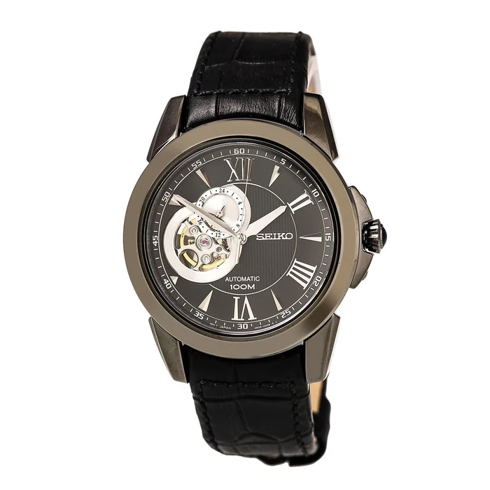 Seiko SSA243 Men’s Le Grand Sport Black Semi-Skeleton Dial Black Leather Strap Power Reserve Automatic Watch