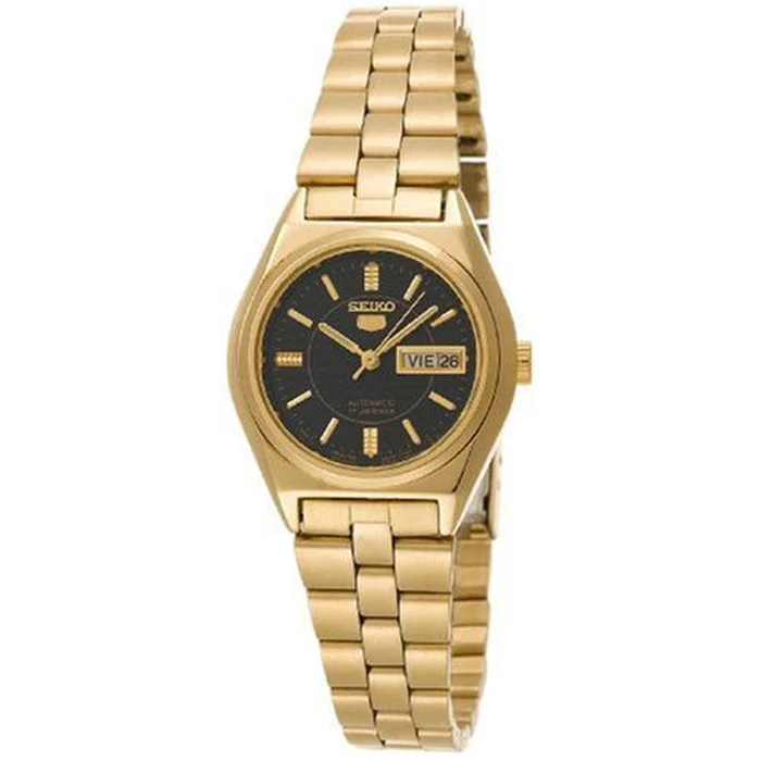 Seiko SUAG30 Women’s Seiko 5 Automatic 17 Jewels Black Dial Gold Tone Stainless Steel Watch