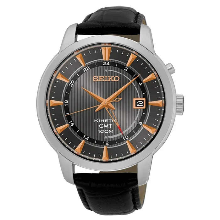 Seiko SUN063 Men’s Core Kinetic Grey Dial Black Leather Strap Power Reserve GMT Watch