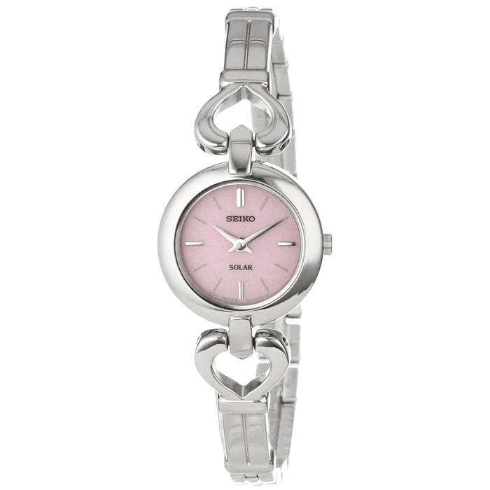 Seiko SUP135 Women’s Classic Solar Pink Dial Heart Shape Hinges Stainless Steel Bangle Bracelet Watch