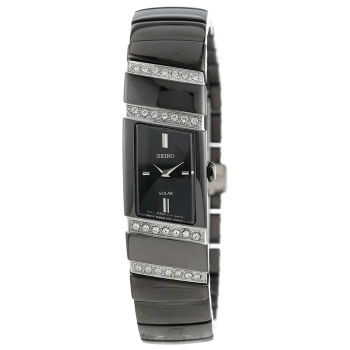Seiko SUP169 Women’s Solar Swarovski Crystals Black Plated Steel Bracelet Power Reserve Watch