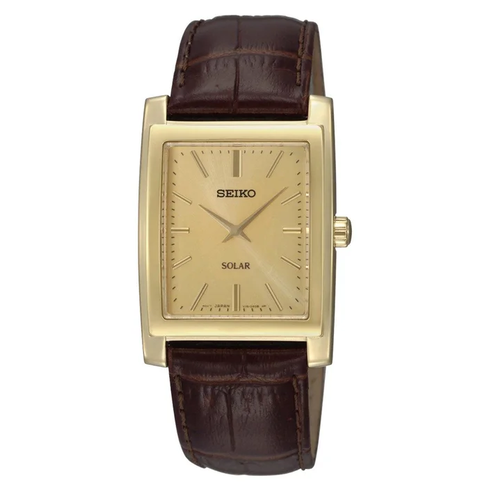 Seiko SUP896 Men’s Core Solar Gold Tone Dial Brown Leather Strap Watch