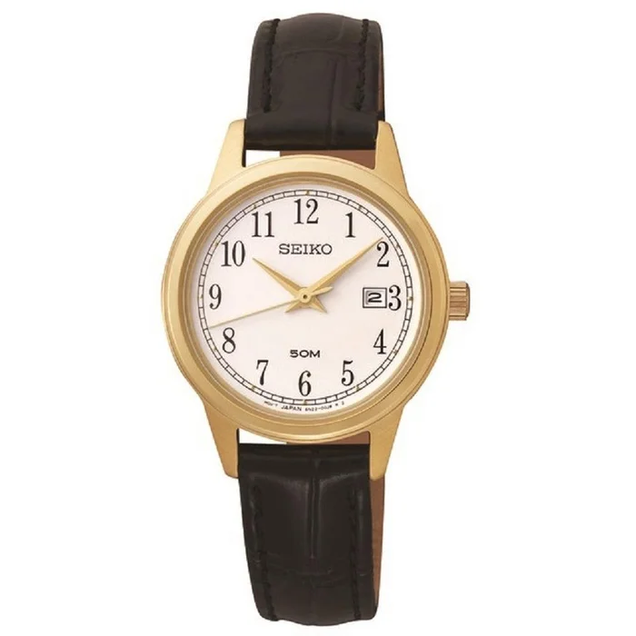 Seiko SUR844 Women’s White Dial Yellow Gold Steel Black Leather Strap Date Watch