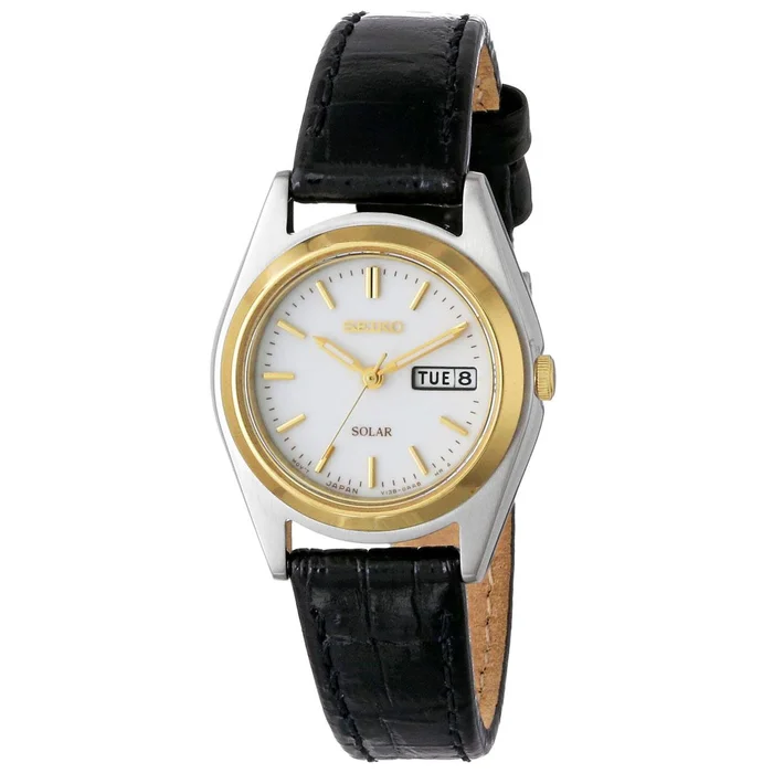 Seiko SUT112 Women’s Solar Two Tone Steel White Dial Black Leather Strap Watch