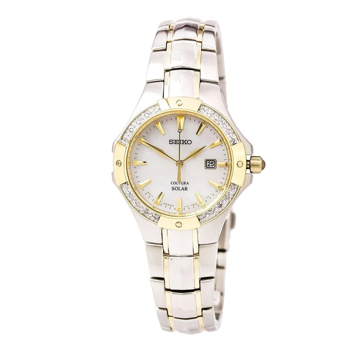 Seiko SUT124 Women’s Coutura Diamond Accented Bezel White MOP Dial Two Tone Steel Power Reserve Watch