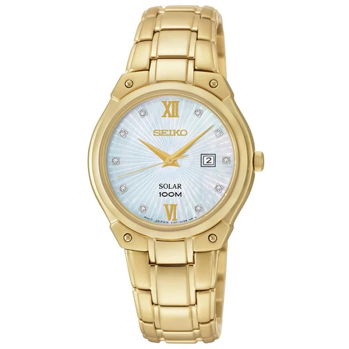 Seiko SUT216 Women’s Solar Core MOP Dial Yellow Gold Tone Steel Diamond Watch