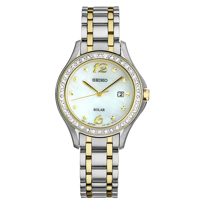 Seiko SUT312 Women’s Core Solar Swarovski Crystals MOP Dial Two Tone Steel Power Reserve Watch