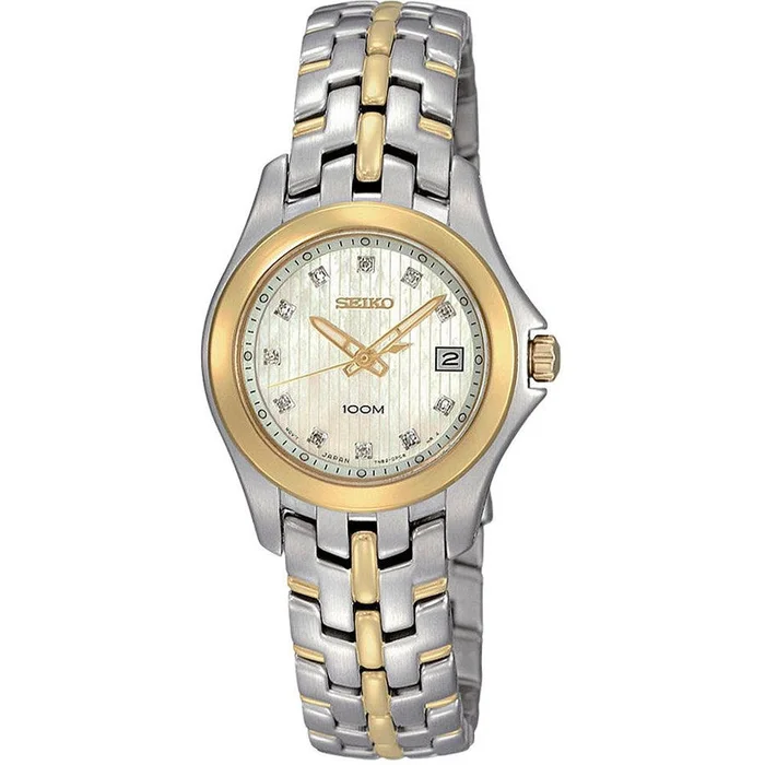 Seiko SXDC12 Women’s Dress Two Tone Stainless Steel Bracelet Mother of Pearl Dial Diamond Watch