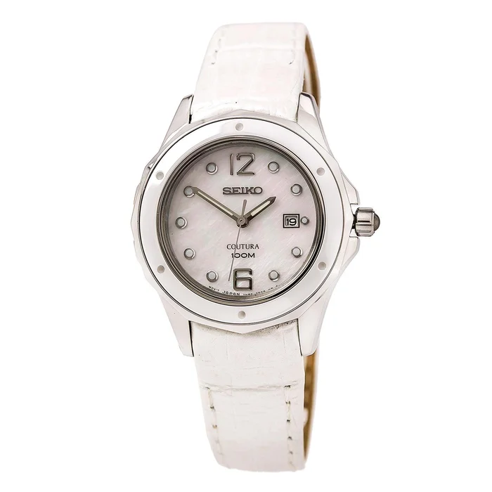 Seiko SXDE79P2 Women’s Coutura White MOP Dial White Leather Strap Watch