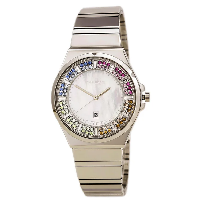 Seiko SXDG55 Women’s Core White MOP Dial Colorful Swarovski Crystal Steel Watch
