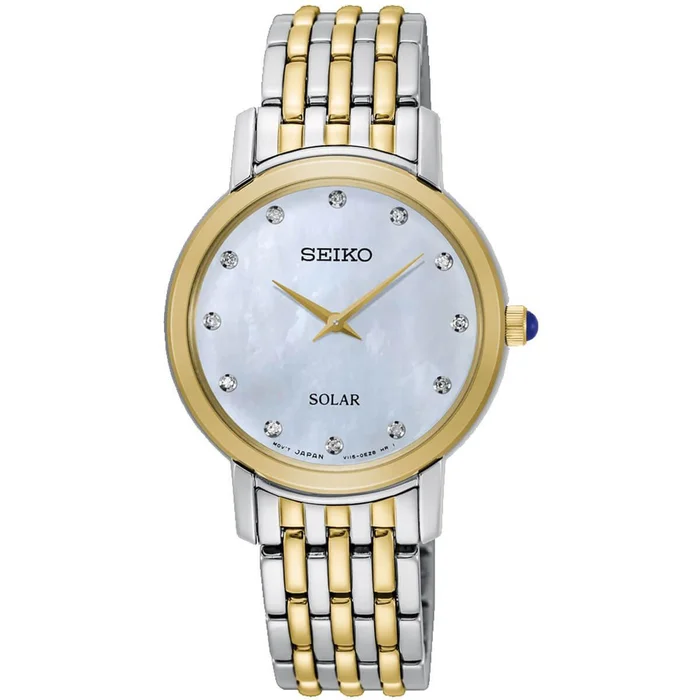 Seiko Women’s Diamond Watch – Solar White MOP Dial Two Tone Bracelet | SUP398