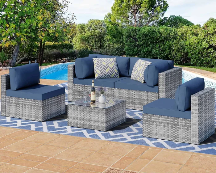 Shintenchi 5 Piece Patio Sectional Sofa Set w/ Washable Cushions & Glass Table (Aegean Blue)