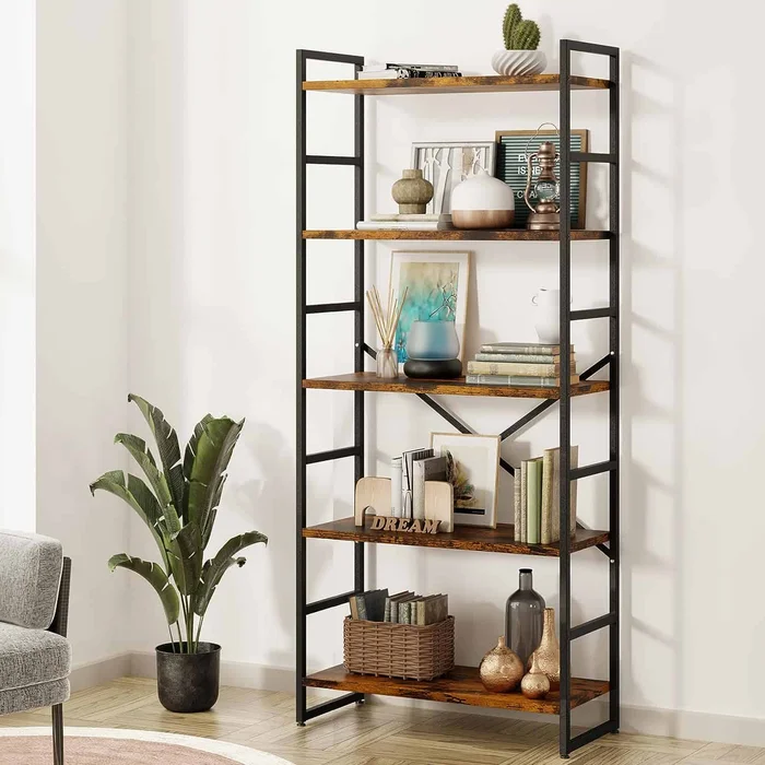 Shintenchi 5 Tiers Bookshelf, Classically Tall Bookcase Shelf, Industrial Book Rack