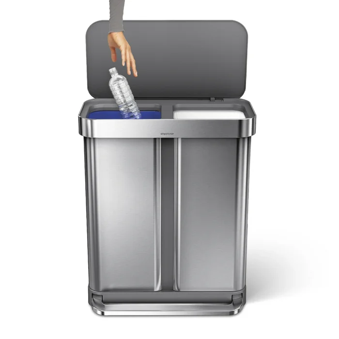 simplehuman 58 Liter / 15.3 Gallon Rectangular Dual Compartment Recycling Step, Brushed Stainless Steel