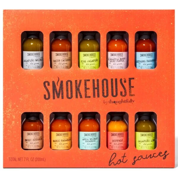 Smokehouse by Thoughtfully, Gourmet Hot Sauce Gift Set, Flavors Include Mango Habanero, Buffalo, Bacon Cayenne, Set of 10