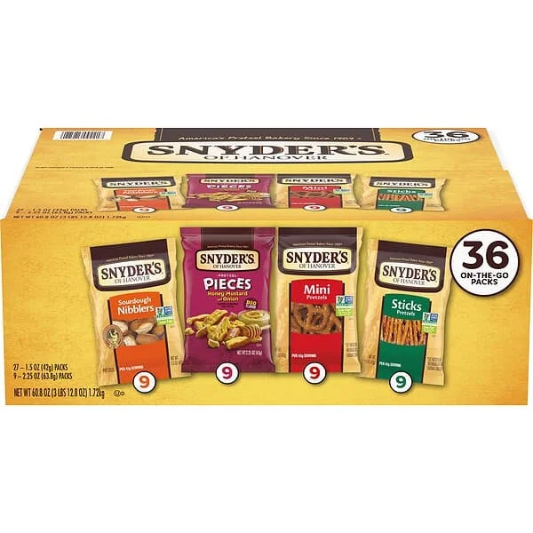 Snyder’s of Hanover, Variety Pack Pretzels, Individual Packs, 4 Flavors, 36 Ct (Pack of 36)