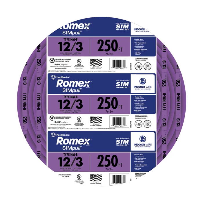 Southwire 250-Feet 12 / 3 / Romex SIMpull Solid Indoor CU NM-B W/G Individual pack ( By-the-roll )