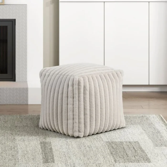 Square Pouf Plush Off-White Corduroy Fabric Upholstery Modern Ottoman, Footstool, Non-Slip Floor GL-B011P251647