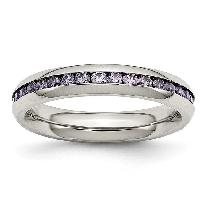 Stainless Steel 4mm February Purple CZ Ring