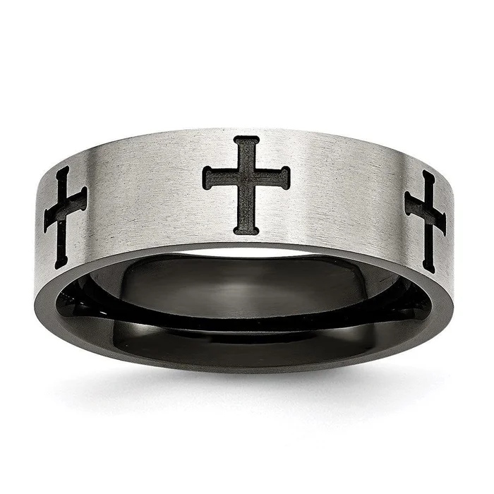 Stainless Steel 7mm Black IP-plated Crosses Brushed/Polished Band