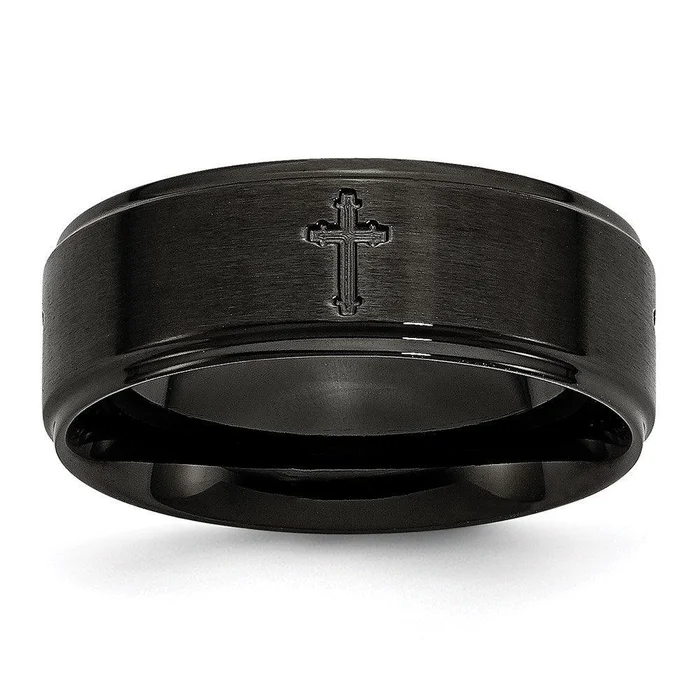 Stainless Steel 8mm Brushed/Polished Cross Cut-Out Black IP-plated Band