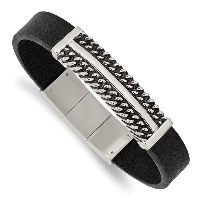 Stainless Steel Antiqued & Polished Black Leather w/.5in ext 8in Bracelet