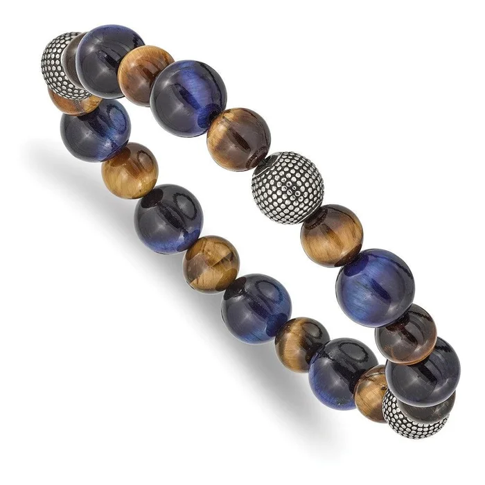 Stainless Steel Antiqued & Polished Brown/Blue Tiger’s Eye Stretch Bracelet