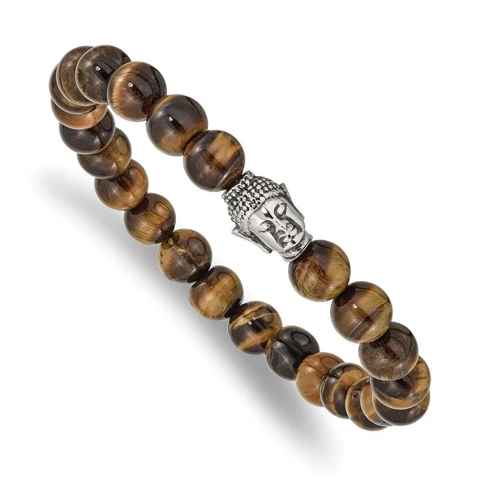 Stainless Steel Antiqued & Polished Tiger’s Eye Buddha Stretch Bracelet