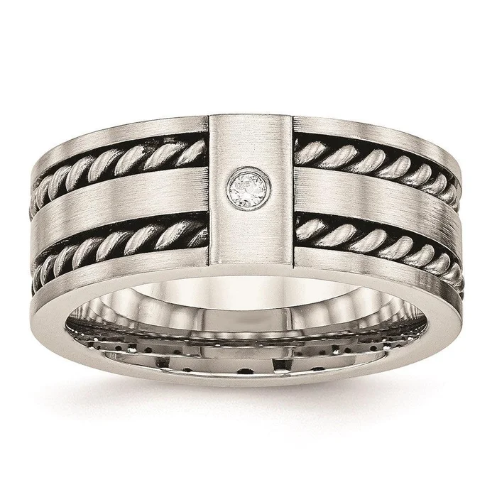 Stainless Steel Antiqued and Brushed with CZ Twisted 9.00mm Band