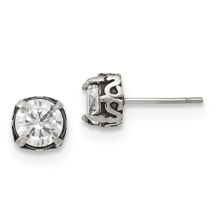 Stainless Steel Antiqued and Polished CZ Post Earrings