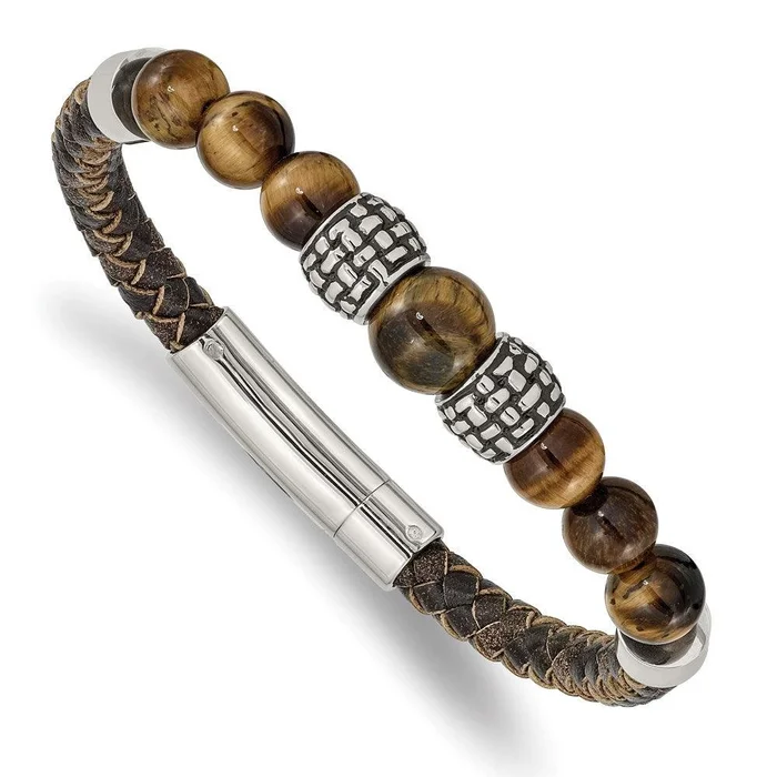 Stainless Steel Antiqued and Polished Tiger’s Eye Leather 8.5in Bracelet