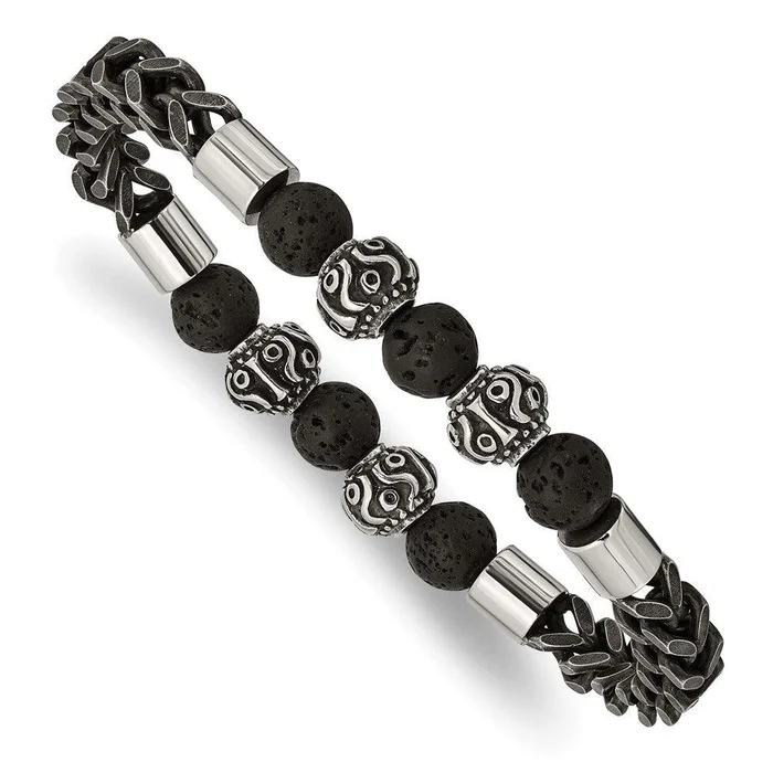 Stainless Steel Antiqued/Polished Black IP Chain Lava Stone Stretch Bracel