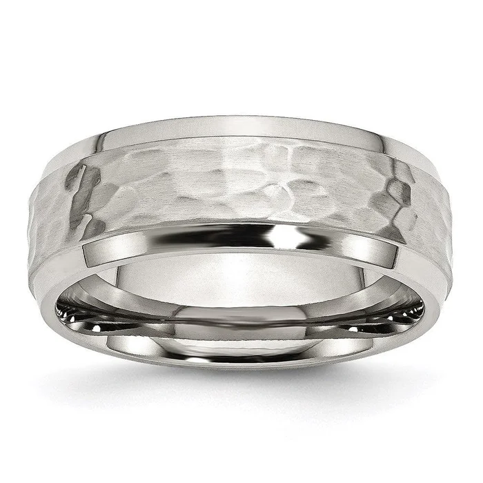 Stainless Steel Beveled Edge 8mm Hammered Brushed Polished Band