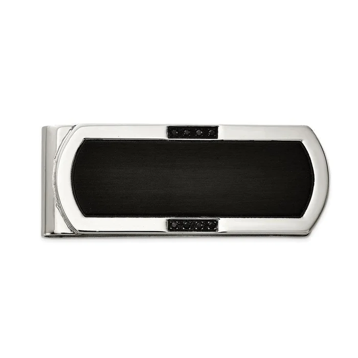 Stainless Steel Brushed & Polished Black IP-plated w/Black CZ Money Clip