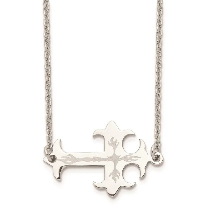 Stainless Steel Brushed & Polished Sideways Cross Necklace