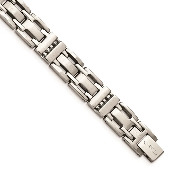 Stainless Steel Brushed and Polished Black CZ Link Bracelet