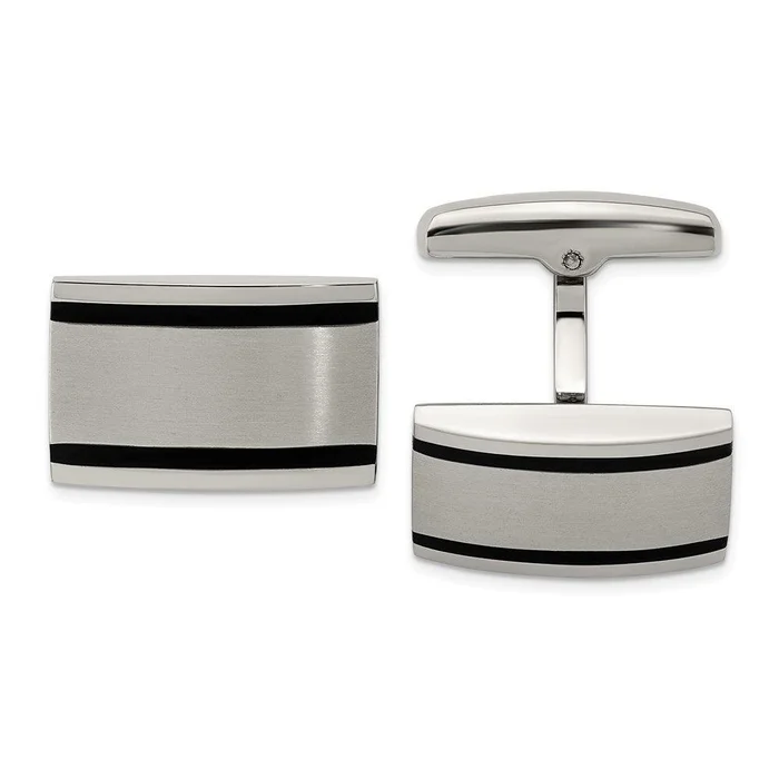 Stainless Steel Brushed and Polished Black Rubber Rectangle Cufflinks